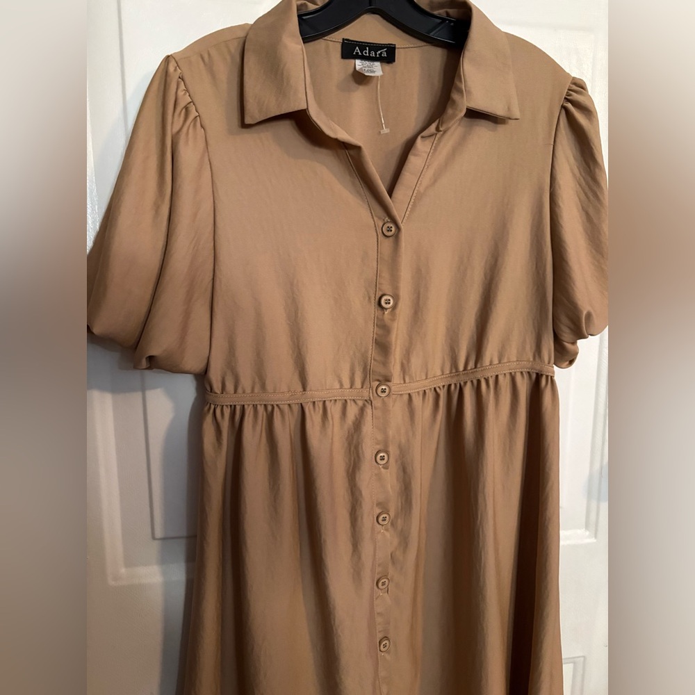 ADARA Button-Front Short Sleeve Midi Dress - Camel Small - Picture 4 of 5